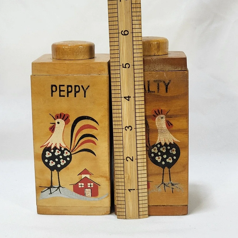 Vintage Japan Salty Peppy Wood Rooster Salt Pepper Shakers MCM Kitsch 5.5in